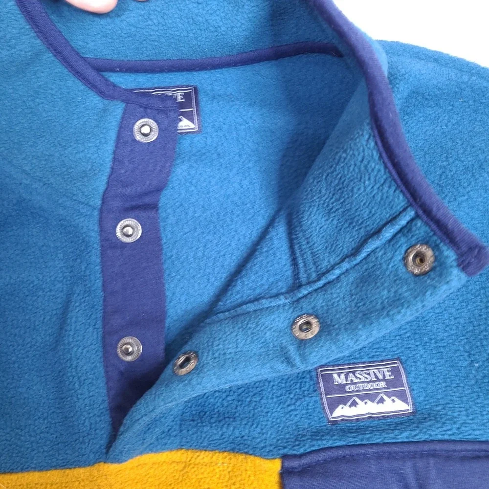Massive Outdoor Fleece Sweater Mens XL Snap Button Pullover Gold Blue Colorblock